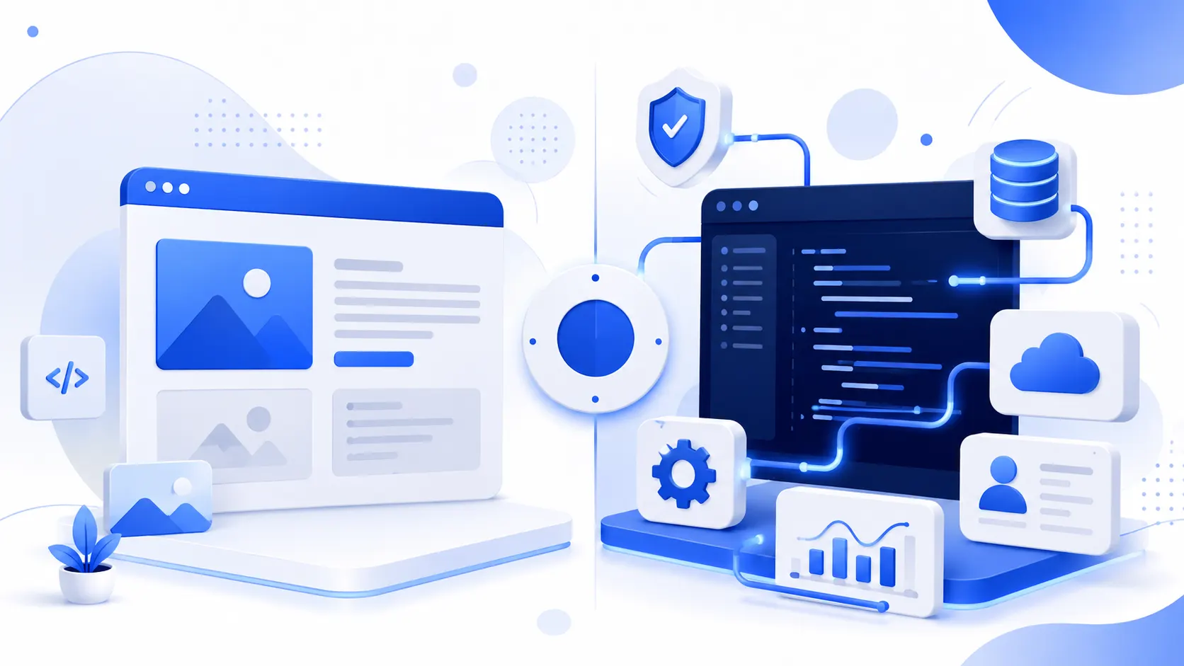 Premium illustration comparing static and dynamic websites with browser windows, code editor, cloud infrastructure, database, security, analytics, and modern web development elements for businesses choosing the right website solution