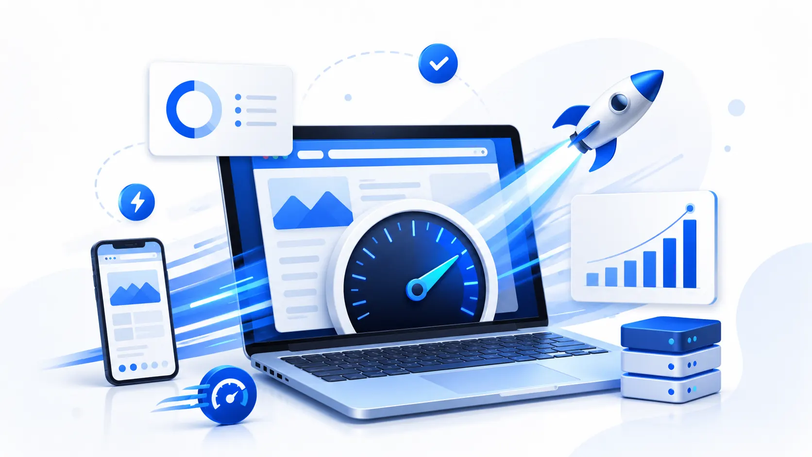Modern illustration of website speed optimization with a laptop, speedometer, rocket, analytics dashboard, mobile device, and cloud servers representing faster loading, better SEO, and higher conversions.