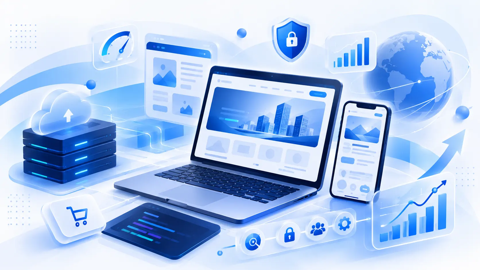 Professional website illustration for small businesses featuring responsive web design, analytics, cloud hosting, security, and business growth elements in a modern SaaS-style 3D vector design.